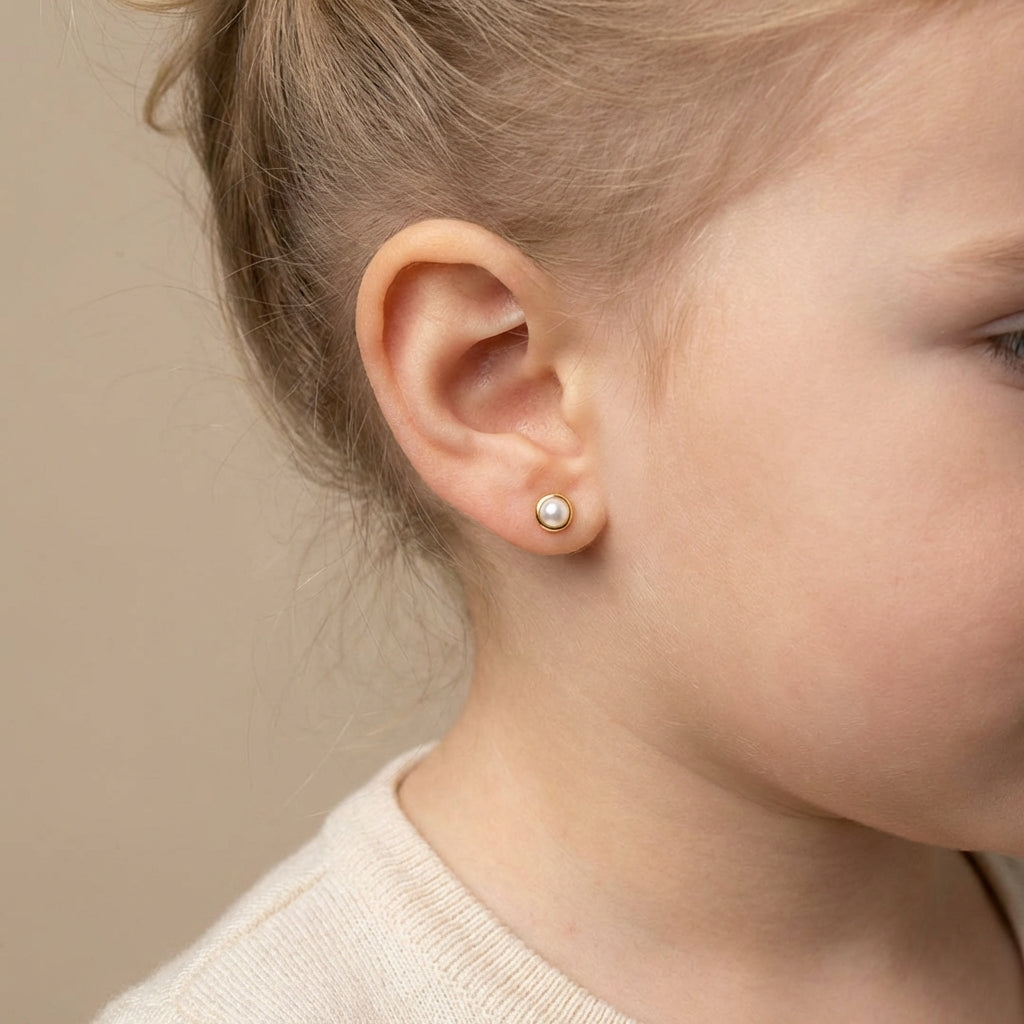 14Kt gold pearl stud earrings for kids, bezel set, secure screw back, hypoallergenic jewelry photography by Morelove Designs