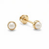 14Kt gold pearl stud earrings for kids, bezel set, secure screw back, hypoallergenic jewelry product photo by Morelove Designs