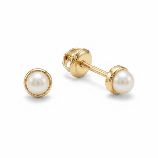 14Kt gold pearl stud earrings for kids, bezel set, secure screw back, hypoallergenic jewelry product photo by Morelove Designs