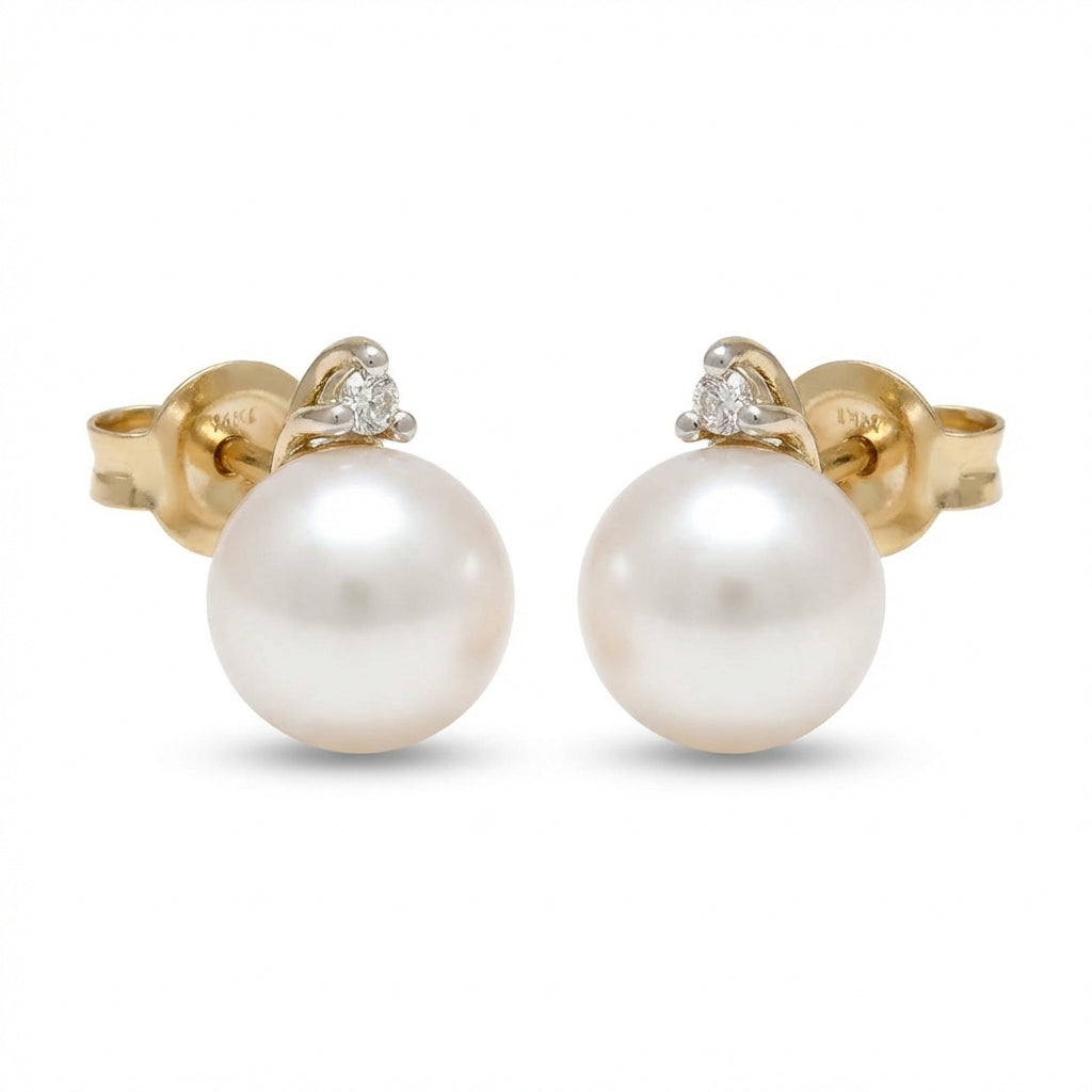 14Kt gold pearl earrings with mini diamond accent, perfect for adults seeking elegant fine jewelry. product photo by Morelove Designs