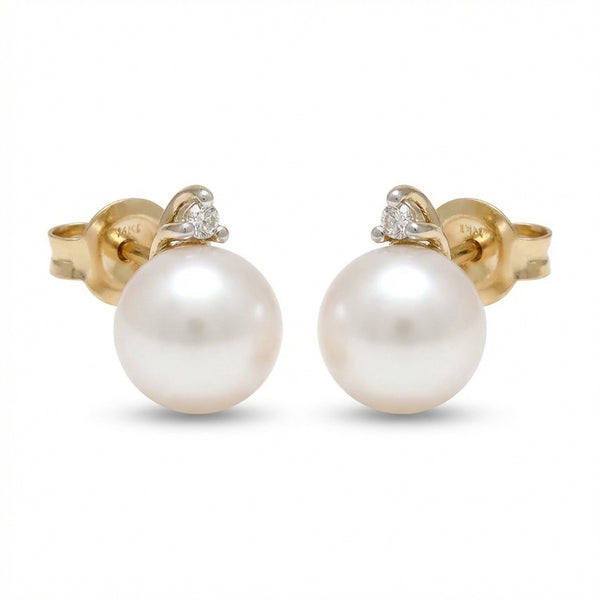 14Kt gold pearl earrings with mini diamond accent, perfect for adults seeking elegant fine jewelry. product photo by Morelove Designs