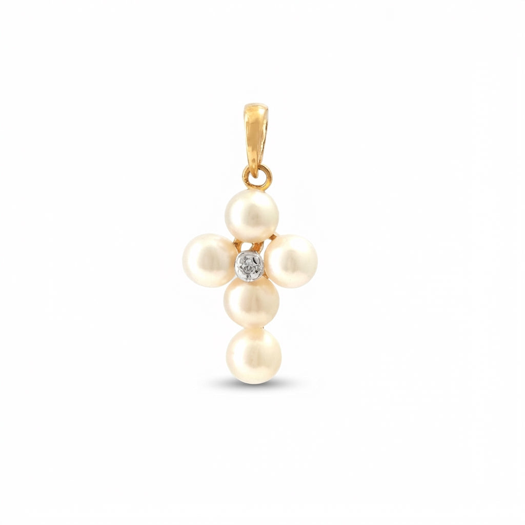 Pearled cross pendant with diamond center, 14kt yellow gold kids charm product photo by Morelove Designs