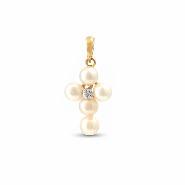 Pearled cross pendant with diamond center, 14kt yellow gold kids charm product photo by Morelove Designs