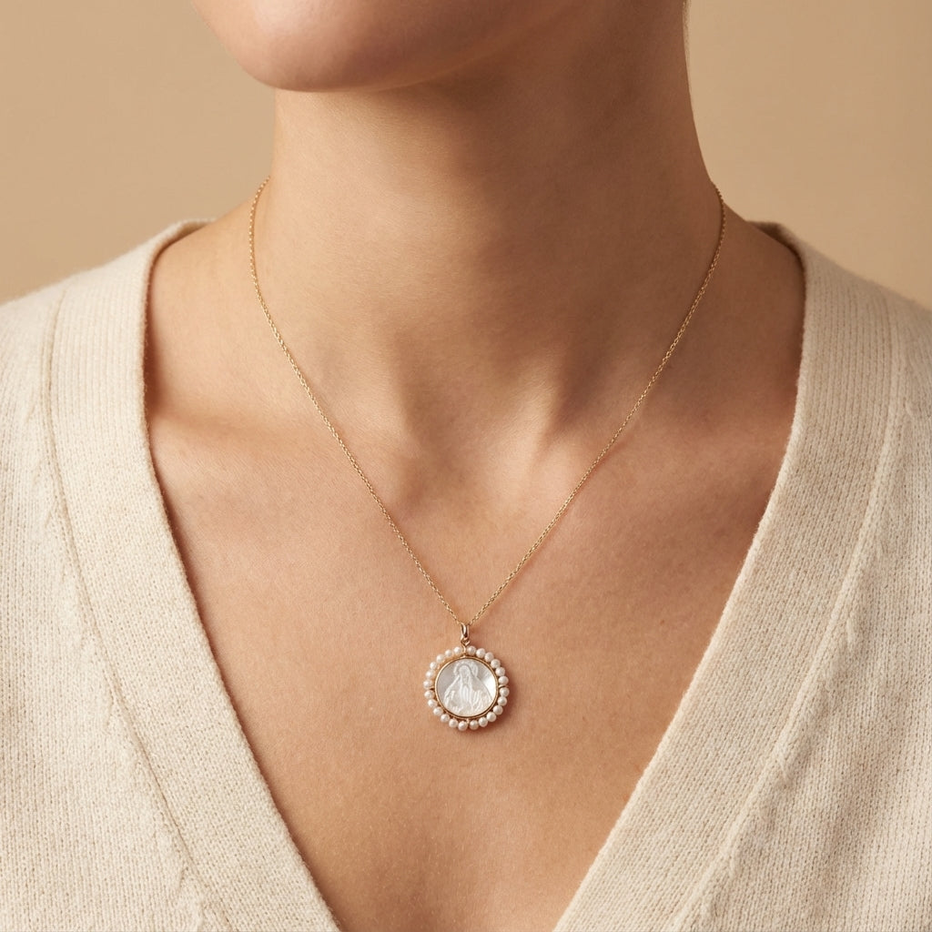 14Kt gold mother of pearl Virgin Mary medal, freshwater pearl border, religious charm for necklaces photography by Morelove Designs