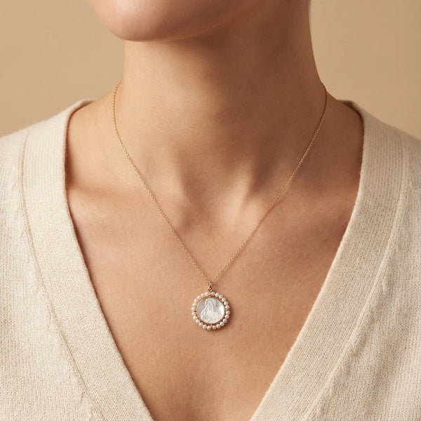 14Kt gold mother of pearl Virgin Mary medal, freshwater pearl border, religious charm for necklaces photography by Morelove Designs