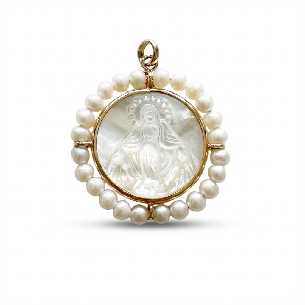 14Kt gold mother of pearl Virgin Mary medal, freshwater pearl border, religious charm for necklaces product photo by Morelove Designs