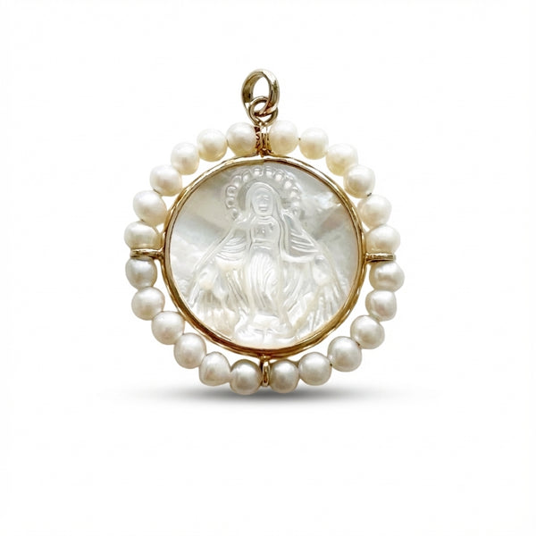 14Kt gold mother of pearl Virgin Mary medal, freshwater pearl border, religious charm for necklaces product photo by Morelove Designs