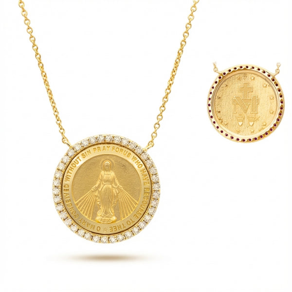 14Kt gold Miraculous Medal necklace with diamond halo on fine chain.