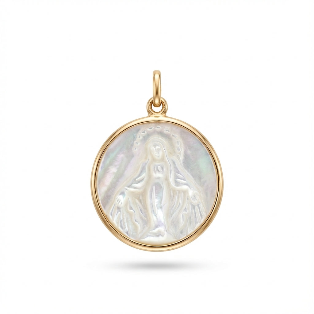 14kt gold mother of pearl religious medal charm product photo by Morelove Designs