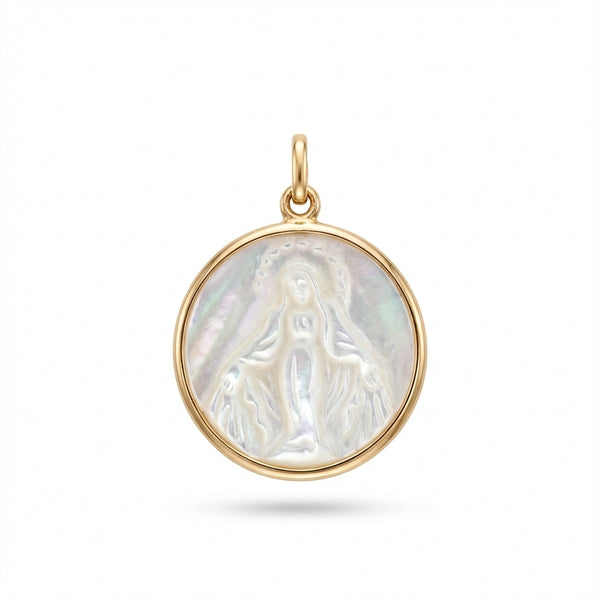 14kt gold mother of pearl religious medal charm product photo by Morelove Designs