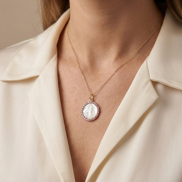 Mother of Pearl Religious Medal with Pink Sapphires in Gold photography by Morelove Designs