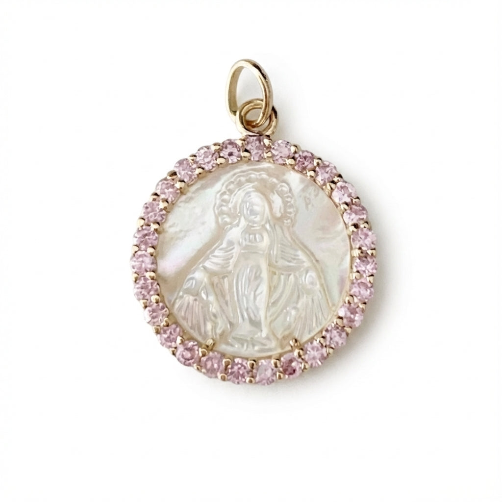 Mother of Pearl Religious Medal with Pink Sapphires in Gold product photo by Morelove Designs