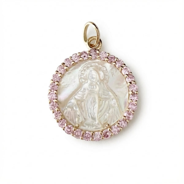 Mother of Pearl Religious Medal with Pink Sapphires in Gold product photo by Morelove Designs