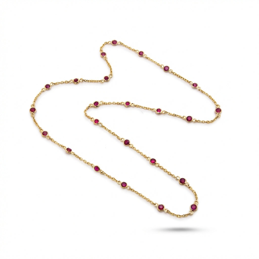 Round bezel ruby necklace 14Kt gold, elegant fine jewelry for women, gemstone chain. product photo by Morelove Designs