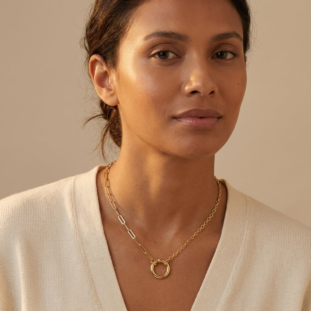 Chic gold everyday necklace for adults, with a unique round link accent and mixed chain styles.