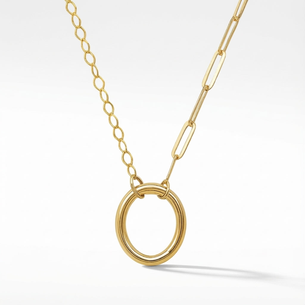 14Kt gold necklace with a round clasp, featuring a duo of paperclip and cable chains for adults.