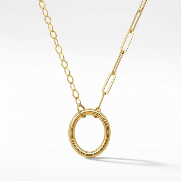 14Kt gold necklace with a round clasp, featuring a duo of paperclip and cable chains for adults.