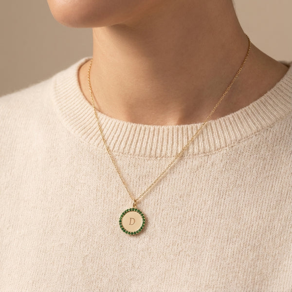 Gold 14kt medallion with round sapphires, initial D engraved charm photography by Morelove Designs