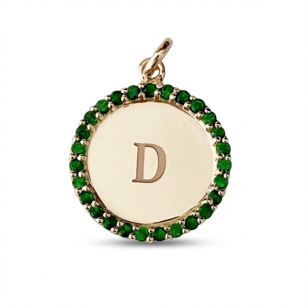 Gold 14kt medallion with round sapphires, initial D engraved charm product photo by Morelove Designs