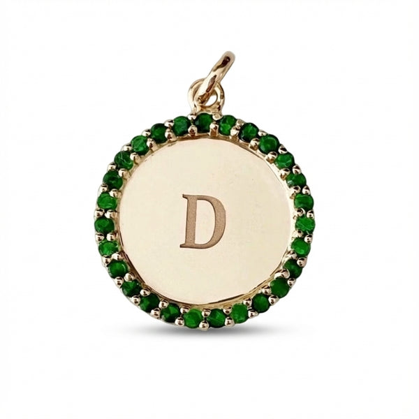 Gold 14kt medallion with round sapphires, initial D engraved charm product photo by Morelove Designs