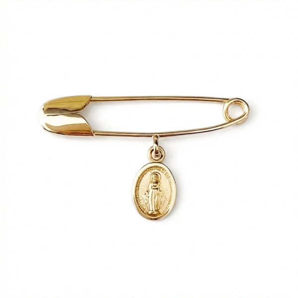 14Kt gold safety pin with miraculous medal charm, religious fine jewelry for adults product photo by Morelove Designs