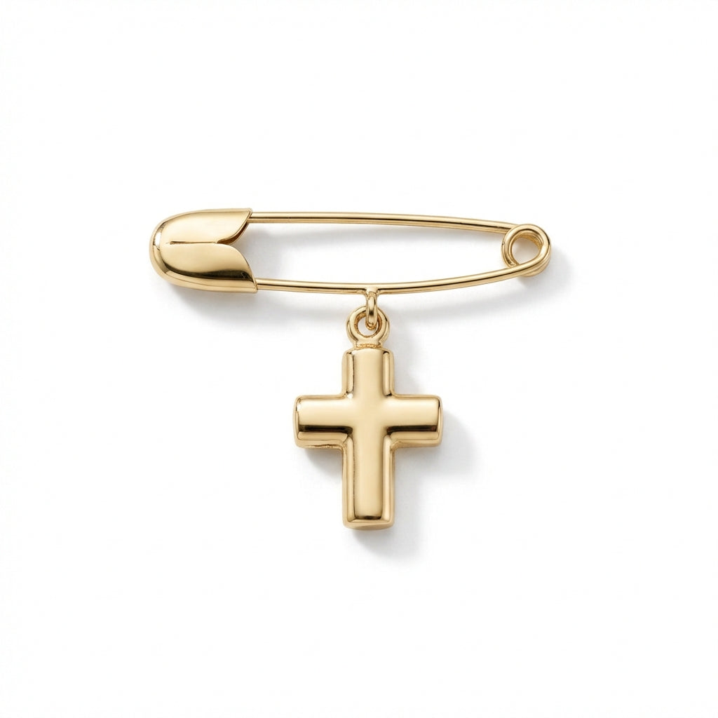 14kt gold safety pin with cross charm, elegant religious jewelry for adults. product photo by Morelove Designs