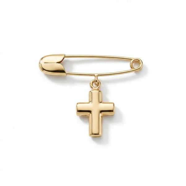 14kt gold safety pin with cross charm, elegant religious jewelry for adults. product photo by Morelove Designs