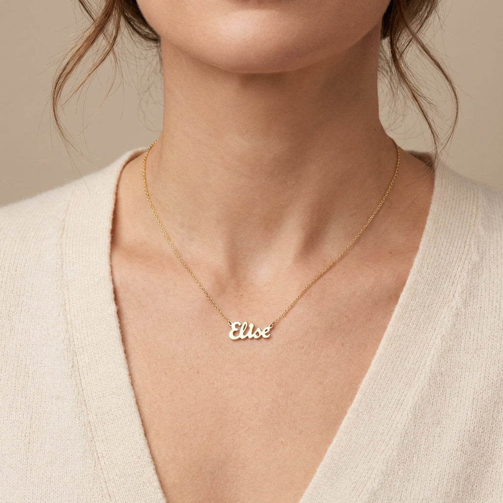 gold script name necklace personalized, custom jewelry dainty, everyday fine luxury pendant photography by Morelove Designs