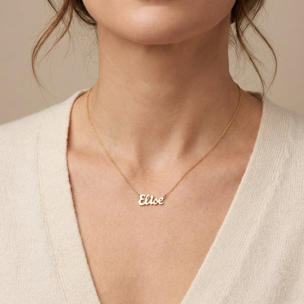 gold script name necklace personalized, custom jewelry dainty, everyday fine luxury pendant photography by Morelove Designs