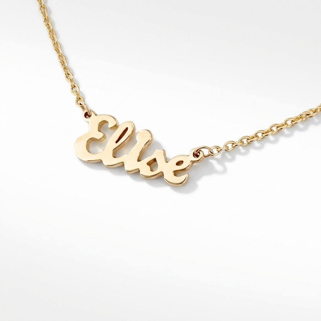 gold script name necklace personalized, custom jewelry dainty, everyday fine luxury pendant product photo by Morelove Designs