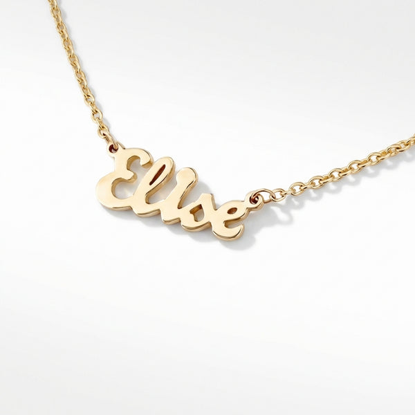 gold script name necklace personalized, custom jewelry dainty, everyday fine luxury pendant product photo by Morelove Designs