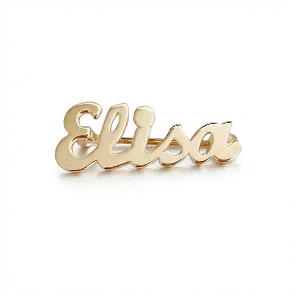 Gold script name safety pin, personalized custom jewelry for kids product photo by Morelove Designs