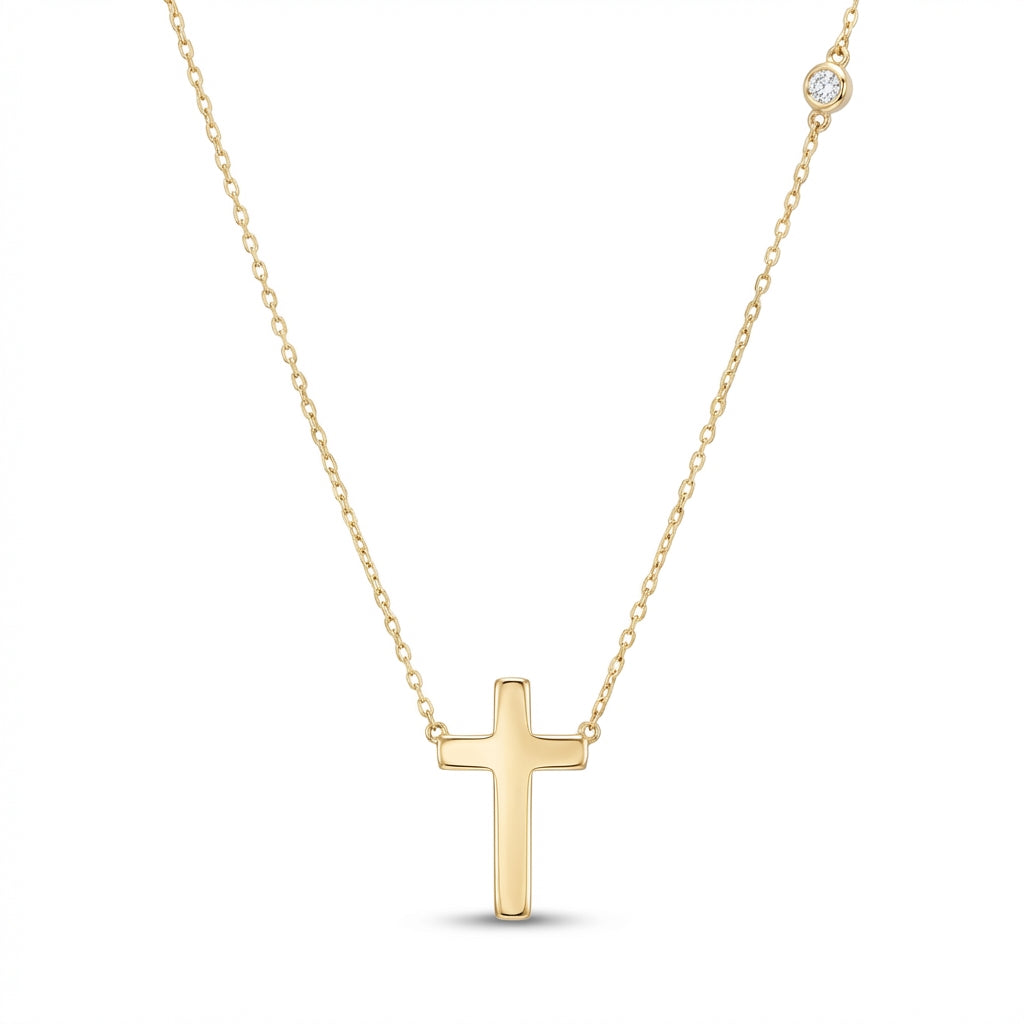 14k gold cross necklace with side bezel diamond, religious jewelry for women, luxury fine gold necklace gift product photo by Morelove Designs