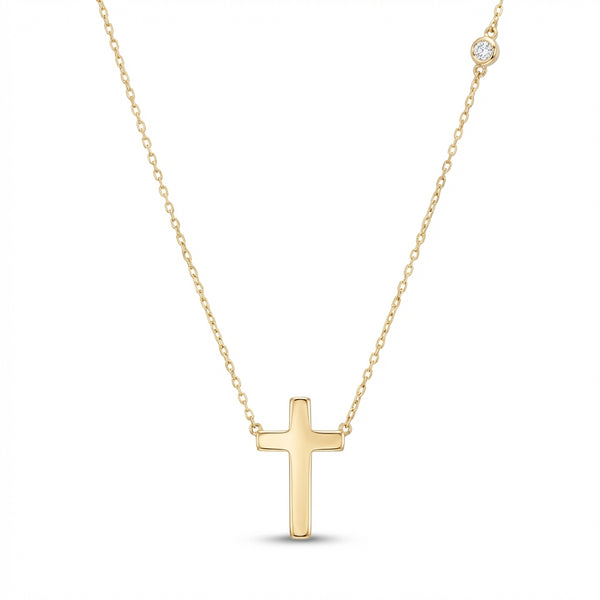 14k gold cross necklace with side bezel diamond, religious jewelry for women, luxury fine gold necklace gift product photo by Morelove Designs