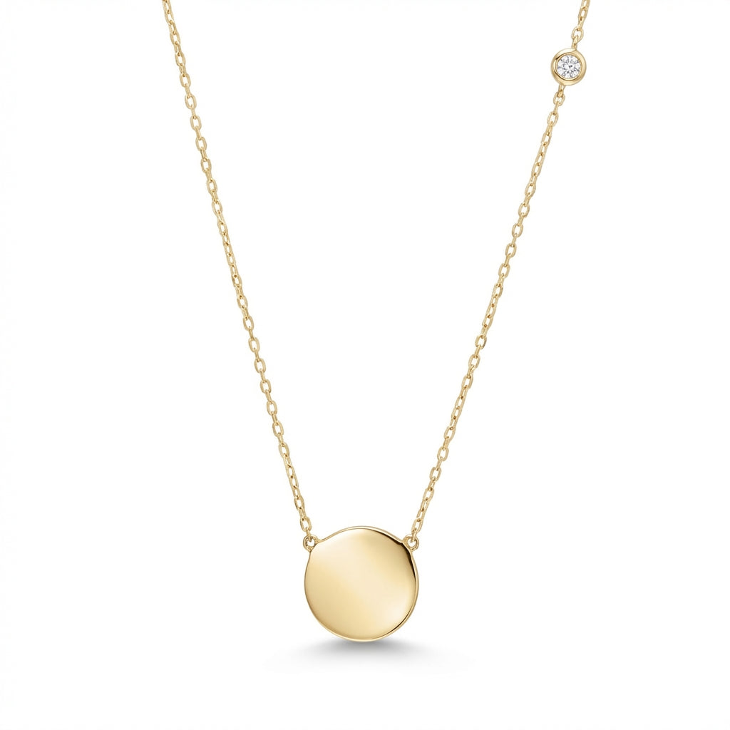 14kt gold disk necklace with diamond bezel product photo by Morelove Designs
