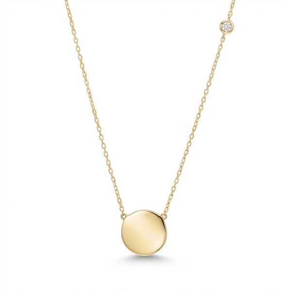 14kt gold disk necklace with diamond bezel product photo by Morelove Designs