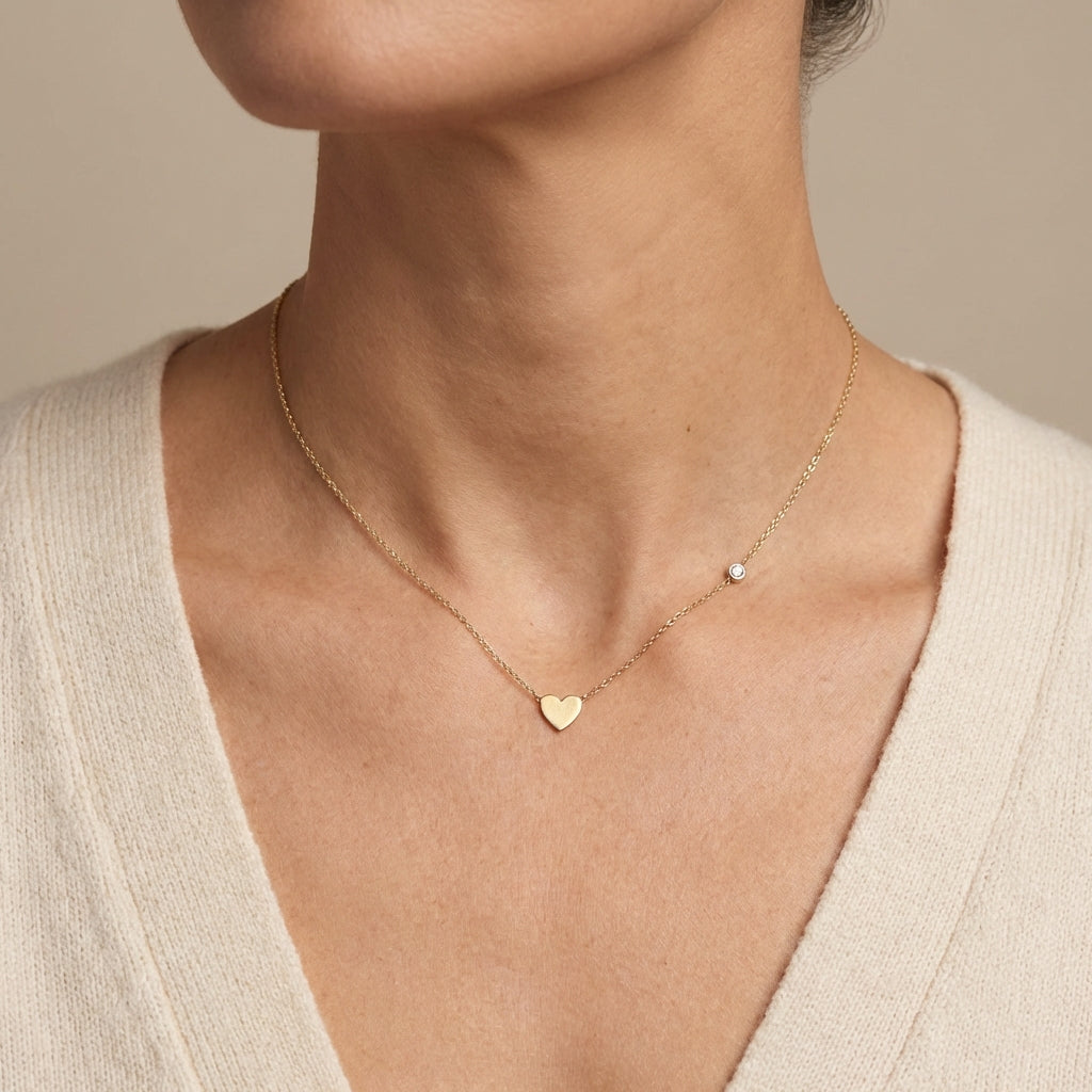 14kt gold heart necklace with diamond accent, minimalist fine jewelry for adults. photography by Morelove Designs