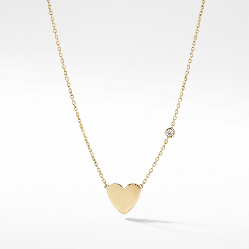14kt gold heart necklace with diamond accent, minimalist fine jewelry for adults. product photo by Morelove Designs