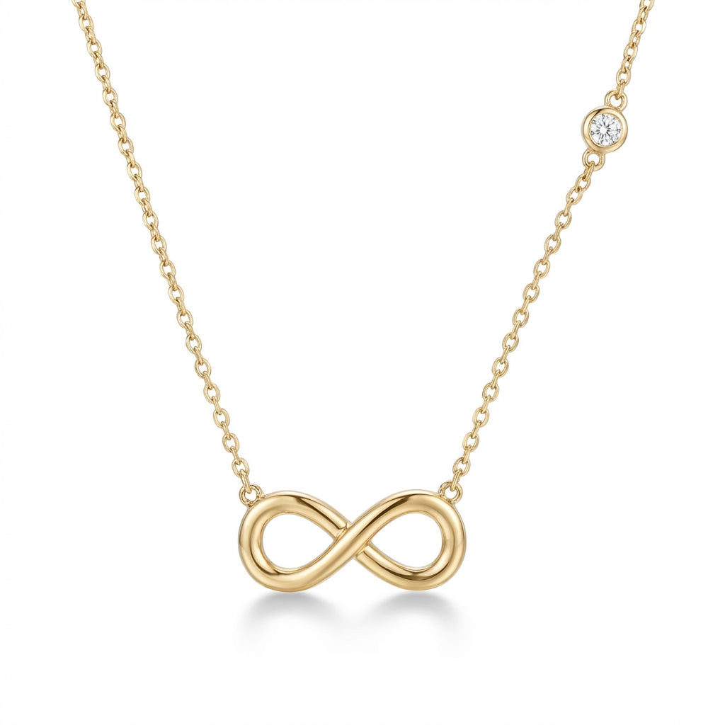 14kt gold infinity necklace with a delicate side bezel diamond, elegant fine jewelry for women product photo by Morelove Designs