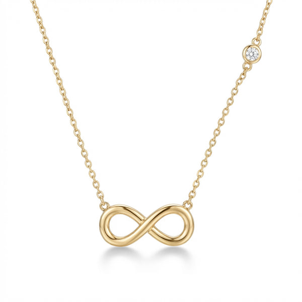 14kt gold infinity necklace with a delicate side bezel diamond, elegant fine jewelry for women product photo by Morelove Designs