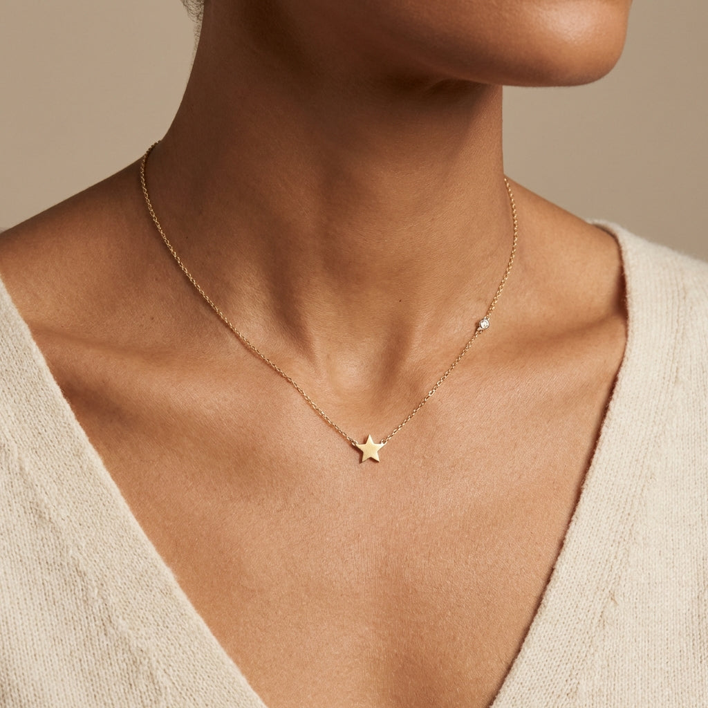 14kt gold star necklace with side bezel diamond, elegant fine jewelry for women photography by Morelove Designs