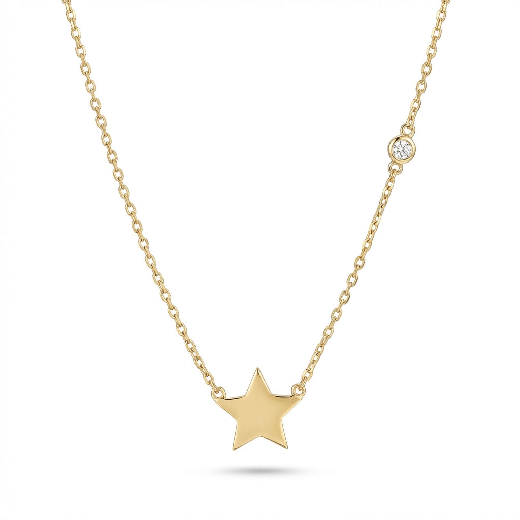 14kt gold star necklace with side bezel diamond, elegant fine jewelry for women product photo by Morelove Designs