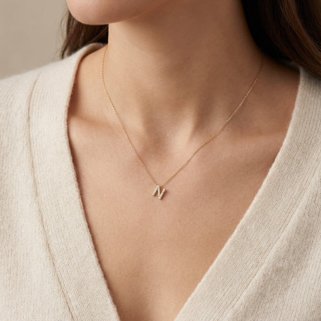 Initial N necklace with micro pave diamonds, 14k gold photography by Morelove Designs