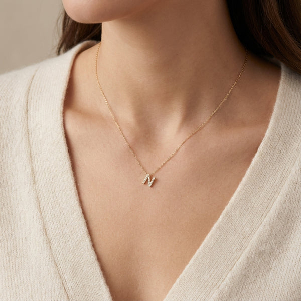 Initial N necklace with micro pave diamonds, 14k gold photography by Morelove Designs