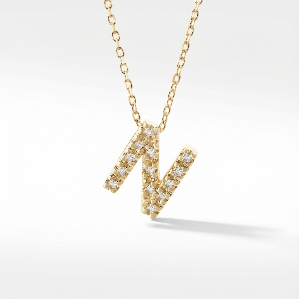 Initial N necklace with micro pave diamonds, 14k gold product photo by Morelove Designs