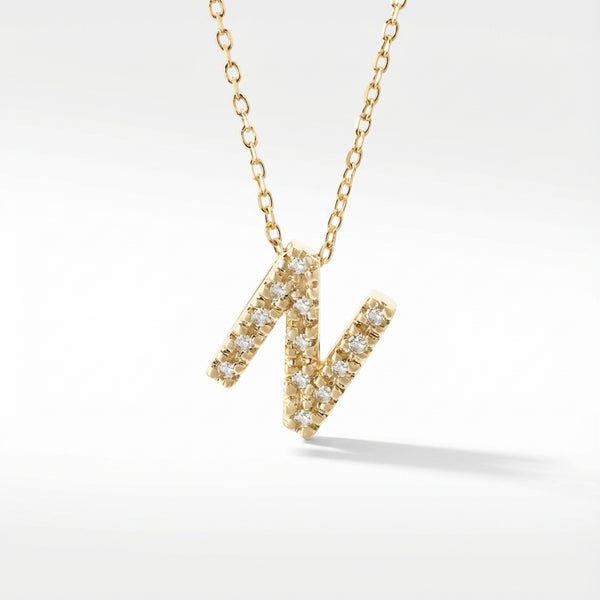 Initial N necklace with micro pave diamonds, 14k gold product photo by Morelove Designs