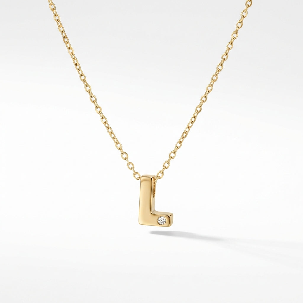 Gold 14Kt initial 'L' necklace with single diamond, delicate chain, personalized jewelry product photo by Morelove Designs