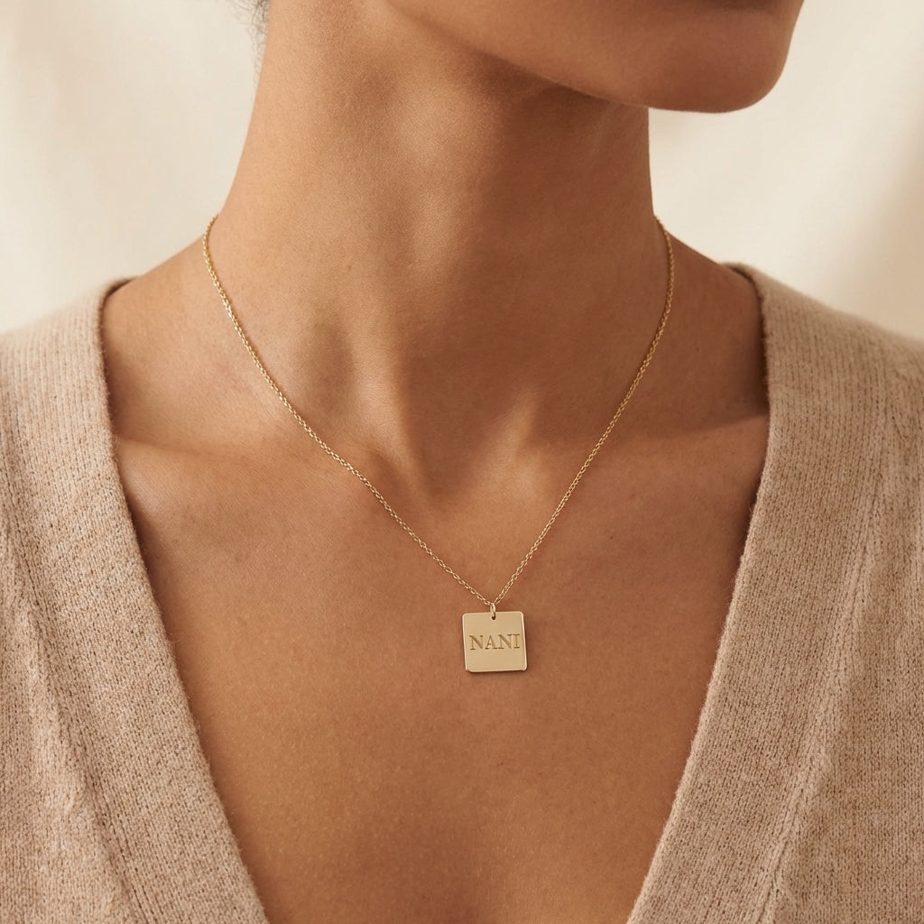 Gold 14Kt square medallion engraved NANI charm photography by Morelove Designs