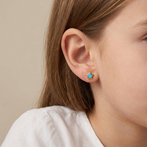 Kids 14Kt gold turquoise star earrings with secure screw-back photography by Morelove Designs