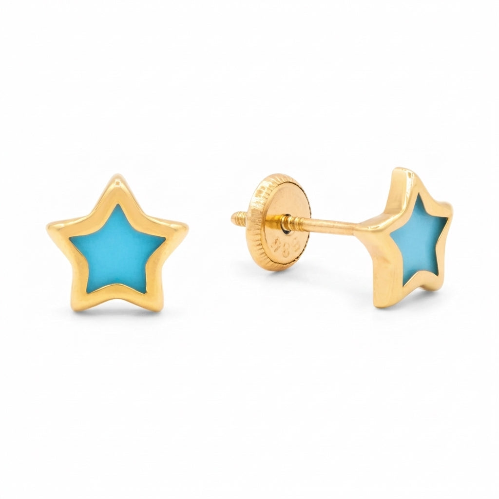 Kids 14Kt gold turquoise star earrings with secure screw-back product photo by Morelove Designs